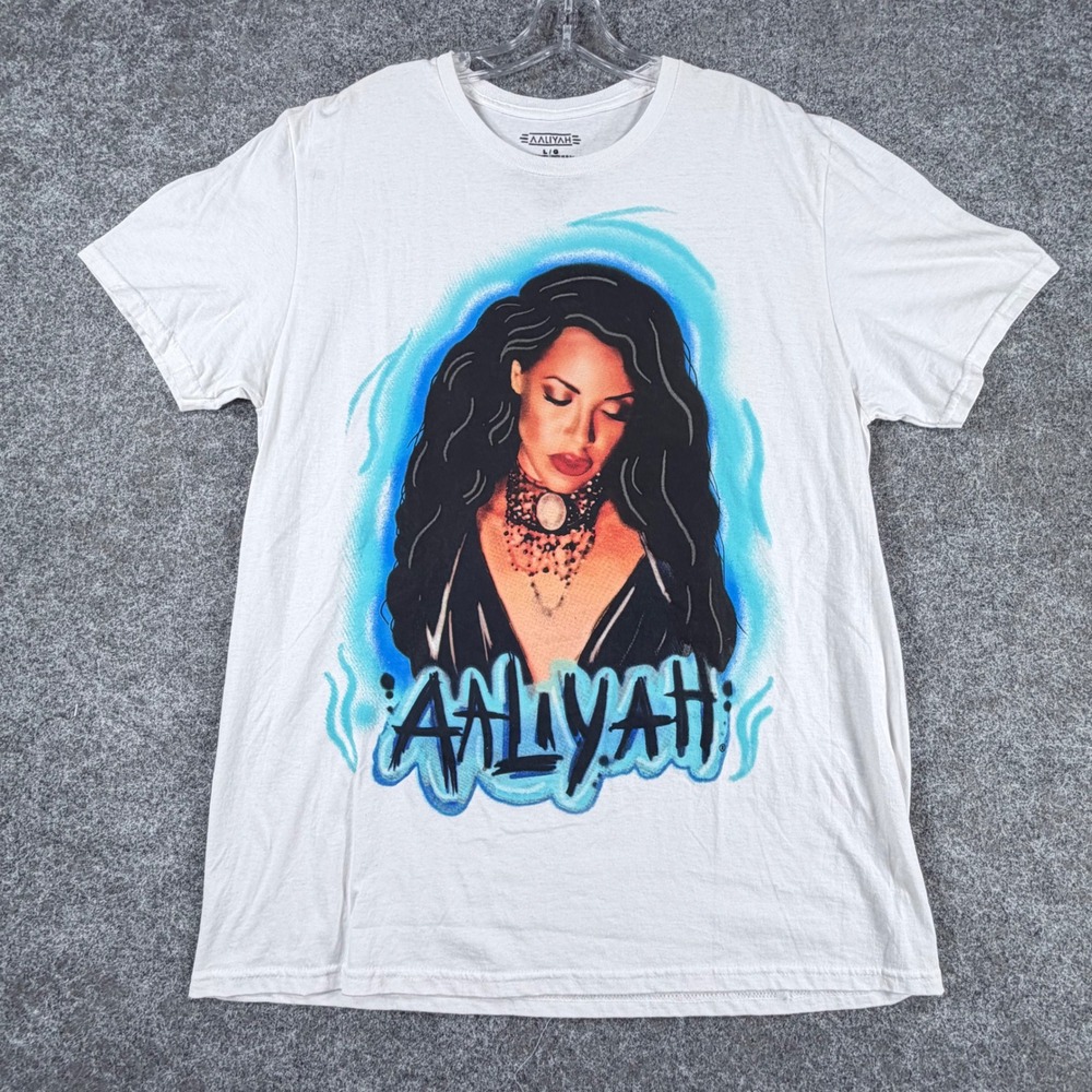 Aaliyah Graphic T Shirt unisex Large L White Airbrush Portrait Hip Hop Rap‎ Tee